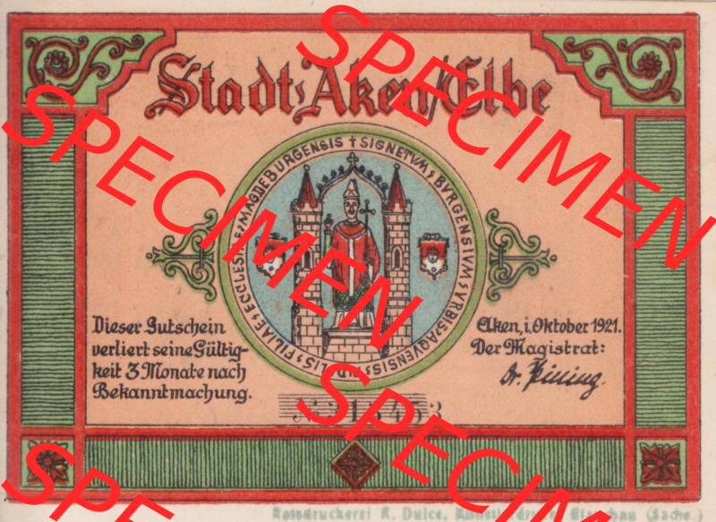 Notgeldscheine Aken, Stadt in Provinz Sachsen Notgeld 1921, 25 Pfennig Von Karl d Großen gegründet (1) Sammlung