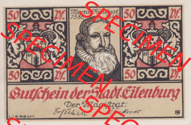 Notgeldscheine Eilenburg, Stadt in Provinz Sachsen Notgeld 1921, Martin Rinkart, 50 Pfennig 1 Sammlung