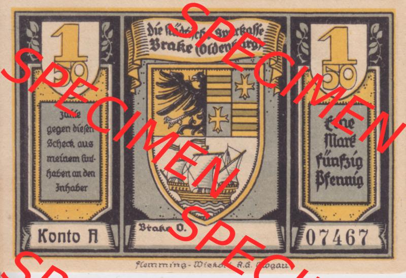 Notgeldscheine Brake, Stadtsparkasse in Oldenburg 1922, 1,50 Mark (1) Sammlung