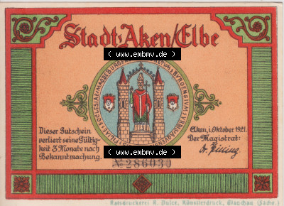 Notgeldscheine Aken, Stadt in Provinz Sachsen Notgeld 1921, 75 Pfennig Niemand soll vor den Rat (1) Sammlung