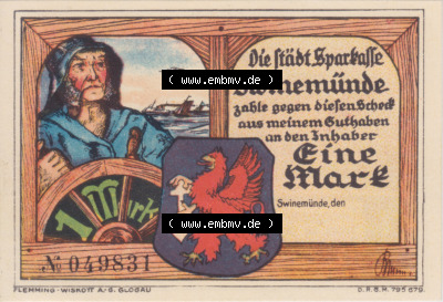 Notgeldscheine Swinemünde, Sparkasse in Pommern Notgeld Scheck, 1 Eine Mark (1) Sammlung