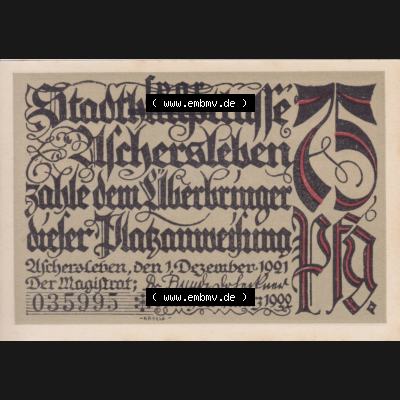 Notgeldscheine Aschersleben, Stadt in Provinz Sachsen Notgeld 1921, 75 Pfennig Bolzenhornstraße (1) Sammlung