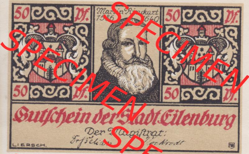 Notgeldscheine Eilenburg, Stadt in Provinz Sachsen Notgeld 1921, Martin Rinkart, 50 Pfennig 5 Sammlung