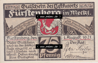 Notgeldscheine Fürstenberg, Stadt in Mecklenburg-Strelitz 1921 75 Pfennig Goldnen Löwen (1) Sammlung