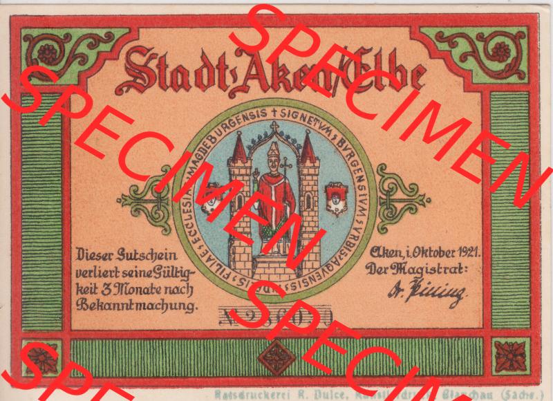 Notgeldscheine Aken, Stadt in Provinz Sachsen Notgeld 1921, 75 Pfennig Niemand soll vor den Rat (1) Sammlung