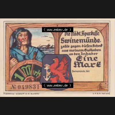 Notgeldscheine Swinemünde, Sparkasse in Pommern Notgeld Scheck, 1 Eine Mark (1) Sammlung