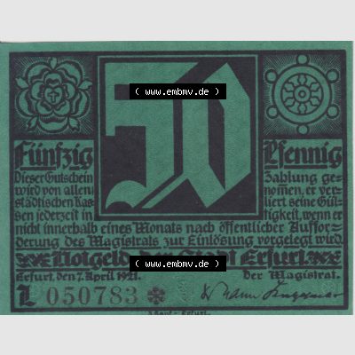 Notgeldscheine Erfurt, Stadt in Provinz Sachsen Notgeld Luther II. 1921, 50 Pfennig L grün (1) Sammlung