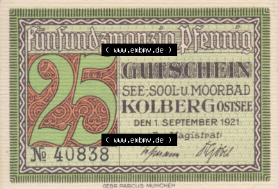 Notgeldscheine Kolberg, Stadt in Pommern Notgeld Persönlichkeiten 25 Pfennig, Schill (1) Sammlung