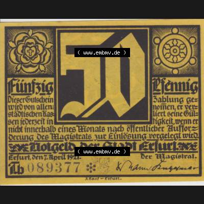 Notgeldscheine Erfurt, Stadt in Provinz Sachsen Notgeld Luther II. 1921, 50 Pfennig TH gelb (1) Sammlung