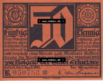 Notgeldscheine Erfurt, Stadt in Provinz Sachsen Notgeld Luther II. 1921, 50 Pfennig R orange (1) Sammlung