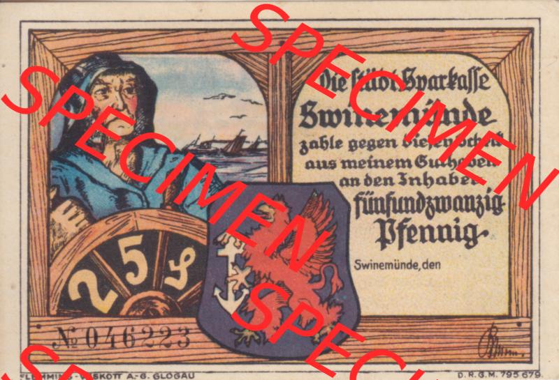 Notgeldscheine Swinemünde, Sparkasse in Pommern Notgeld Scheck 25 Pfennig (1) Sammlung