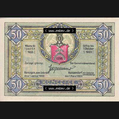 Notgeldscheine Kunzendorf, Gemeinde in Polnisch Oberschlesien Notgeld (0001) Sammlung