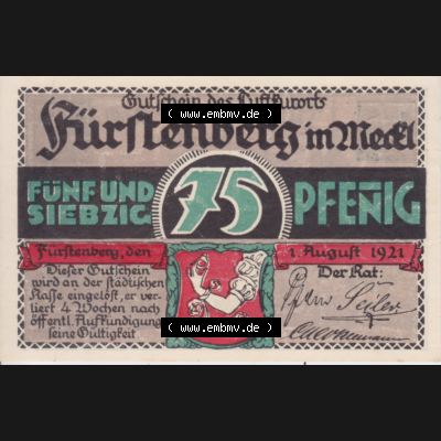 Notgeldscheine Fürstenberg, Stadt in Mecklenburg-Strelitz 1921 75 Pfennig Innerhalb dreier Seeen (1) Sammlung