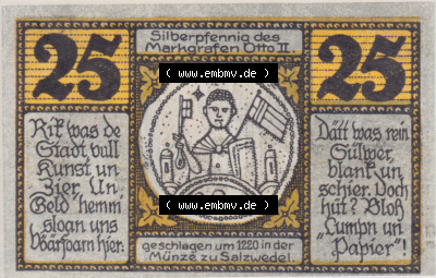 Notgeldscheine Salzwedel, Stadt in Provinz Sachsen Notgeld 1921, 25 Pfennig Silberpfennig des Markgrafen Otto II. (1) Sammlung
