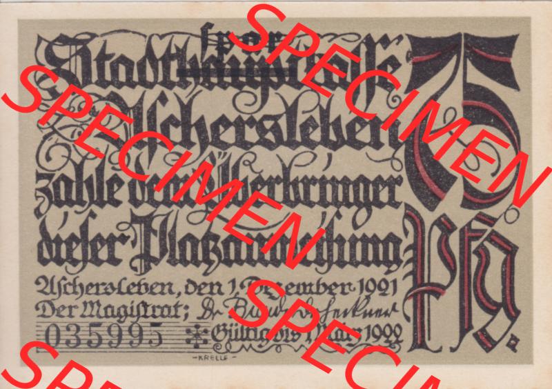 Notgeldscheine Aschersleben, Stadt in Provinz Sachsen Notgeld 1921, 75 Pfennig Bolzenhornstraße (1) Sammlung
