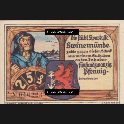 Notgeldscheine Swinemünde, Sparkasse in Pommern Notgeld Scheck 25 Pfennig (1) Sammlung