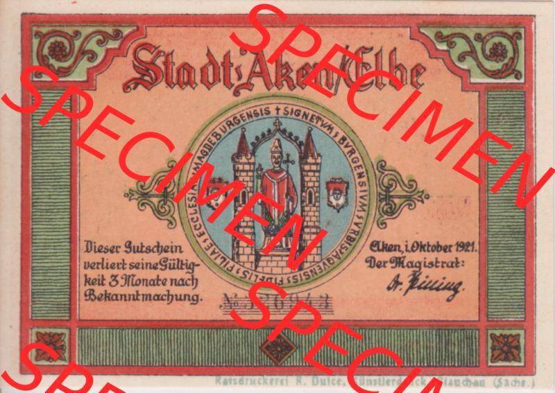 Notgeldscheine Aken, Stadt in Provinz Sachsen Notgeld 1921, 50 Pfennig Cöthener Tor (1) Sammlung