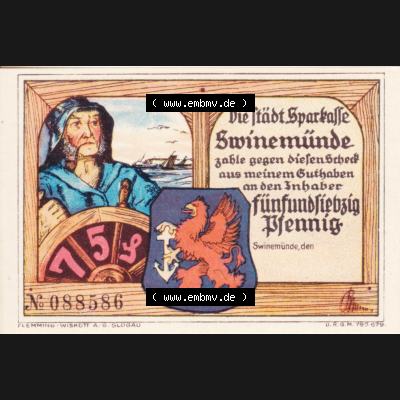 Notgeldscheine Swinemünde, Sparkasse in Pommern Notgeld Scheck 75 Pfennig (1) Sammlung