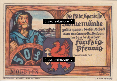 Notgeldscheine Swinemünde, Sparkasse in Pommern Notgeld Scheck 50 Pfennig (1) Sammlung