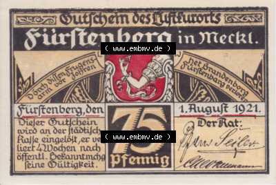 Notgeldscheine Fürstenberg, Stadt in Mecklenburg-Strelitz 1921 75 Pfennig Angler in Farbe (1) Sammlung