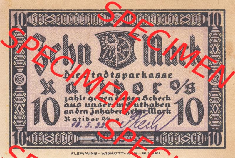 Notgeldscheine Ratibor, Stadtsparkasse in Oberschlesien 1922, 10 Mark Wertvoll (1) Sammlung