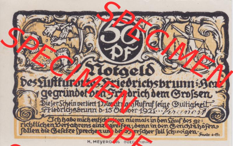 Notgeldscheine Friedrichsbrunn, Gemeinde in Provinz Sachsen Notgeld 1921, 50 Pfennig Arbeitszimmer Potsdam (1) Sammlung