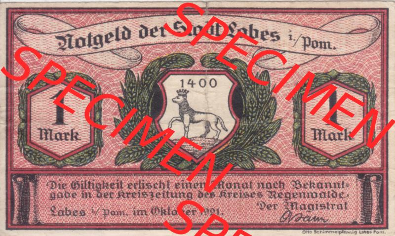 Notgeldscheine Labes, Stadt in Pommern Notgeld 1921, 1 Mark (1) Sammlung