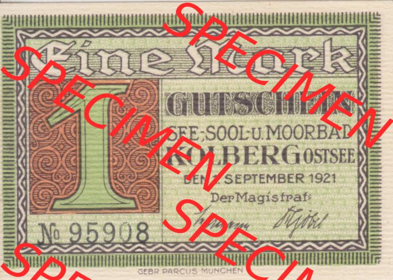 Notgeldscheine Kolberg, Stadt in Pommern Notgeld Persönlichkeiten, 1 Mark See-Sool Moorbad (1) Sammlung