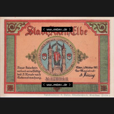 Notgeldscheine Aken, Stadt in Provinz Sachsen Notgeld 1921, 50 Pfennig Cöthener Tor (1) Sammlung