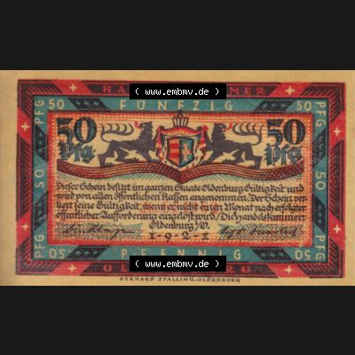 Notgeldscheine Handelskammer in Oldenburg 1921, 50 Pfennig Graf Anton Günther (1) Sammlung