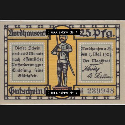 Notgeldscheine Nordhausen, Stadt in Provinz Sachsen Notgeld 1921 25 Pfennif L Stadtbefestigung (1) Sammlung