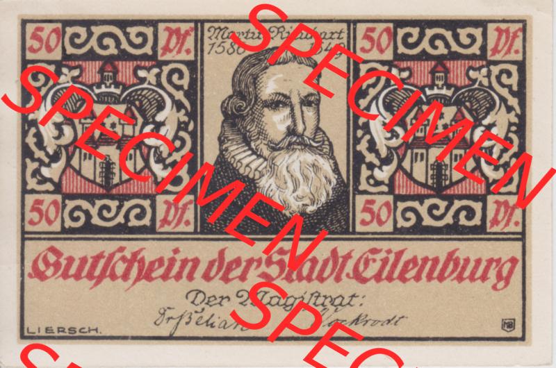 Notgeldscheine Eilenburg, Stadt in Provinz Sachsen Notgeld 1921, Martin Rinkart, 50 Pfennig 6 Sammlung