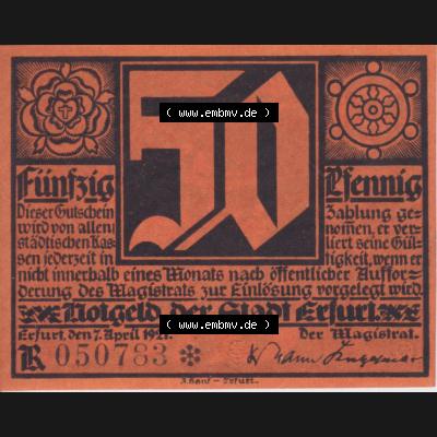Notgeldscheine Erfurt, Stadt in Provinz Sachsen Notgeld Luther II. 1921, 50 Pfennig R orange (1) Sammlung