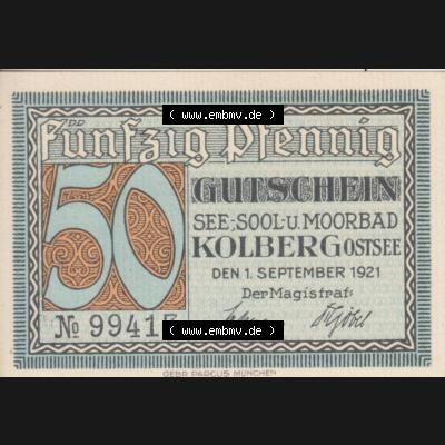 Notgeldscheine Kolberg, Stadt in Pommern Notgeld Stadtansichten 1921, 50 Pfennig Hafeneinfahrt (1) Sammlung