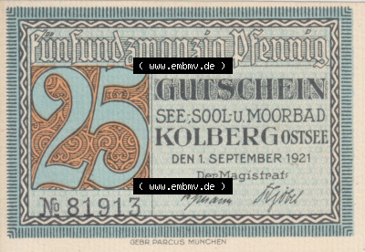 Notgeldscheine Kolberg, Stadt in Pommern Notgeld Stadtansichten 1921, 25 Pfennig Familienbad (1) Sammlung