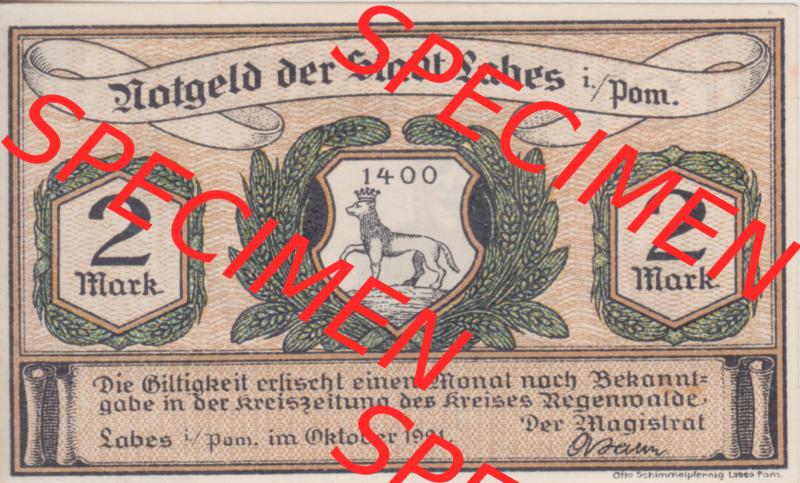 Notgeldscheine Labes, Stadt in Pommern Notgeld 1921, 2 Mark (1) Sammlung