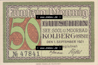 Notgeldscheine Kolberg, Stadt in Pommern Notgeld Persönlichkeiten 50 Pfennig, Waldenfels (1) Sammlung
