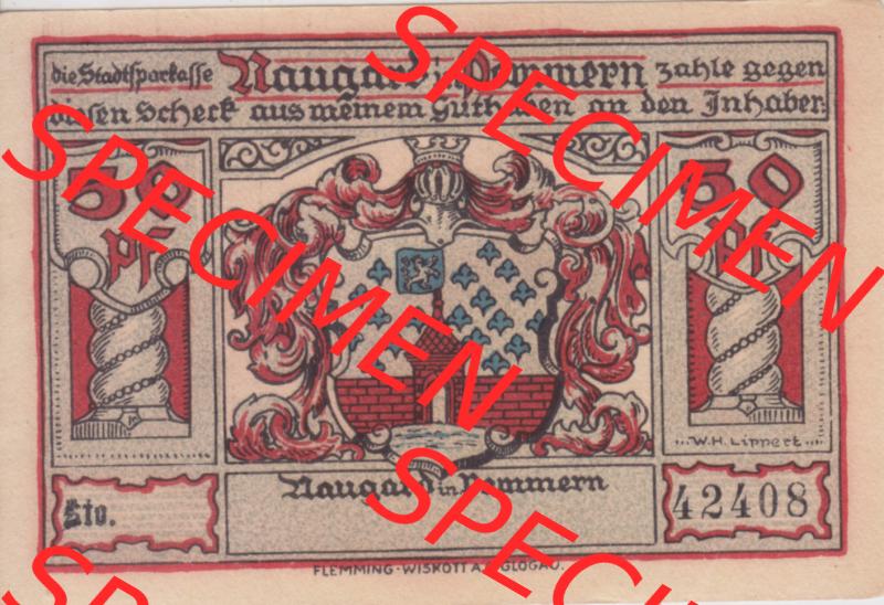 Notgeldscheine Naugard, Stadtsparkasse in Pommern Notgeld Naugard 50 Pfennig, Seine großen Männer (1) Sammlung