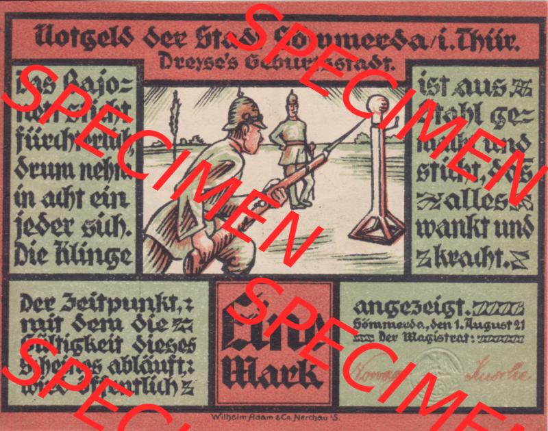 Notgeldscheine Sömmerda, Stadt in Provinz Sachsen Notgeld 1921, 1 Mark Das Bajonett sticht fürchterlich (1) Sammlung