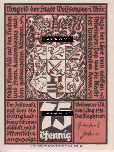 Notgeldscheine Weissensee in Thüringen, Stadt in Provinz Sachsen Notgeld 1921, 75 Pfennig (1) Sammlung