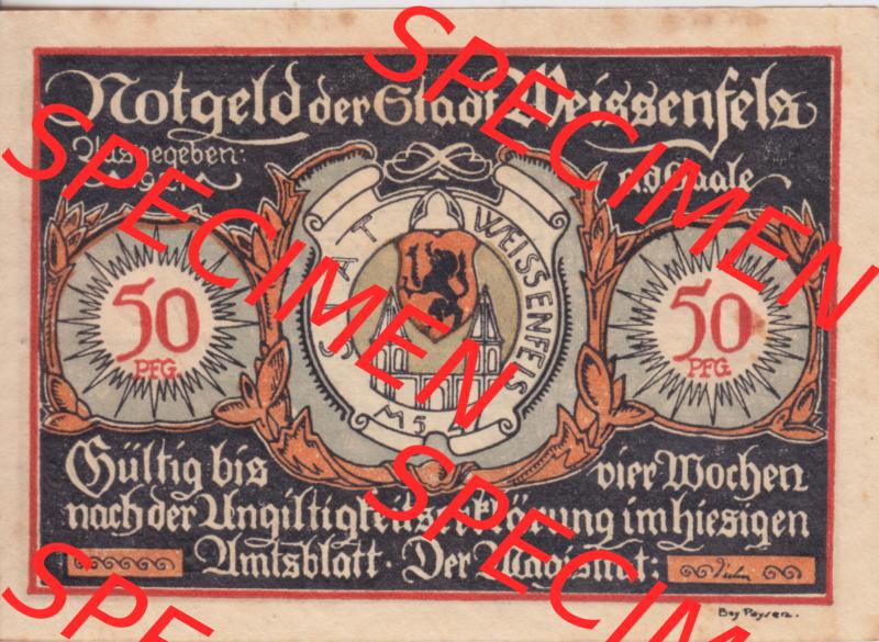 Notgeldscheine Weissenfels, Stadt in Provinz Sachsen Notgeld 1921, 50 Pfennig Soldatenschuh 1914, Damenschuh 1919 (1) Sammlung