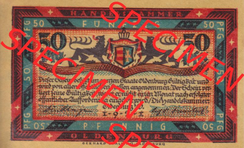 Notgeldscheine Handelskammer in Oldenburg 1921, 50 Pfennig Graf Anton Günther (1) Sammlung
