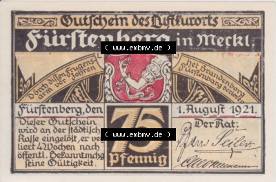 Notgeldscheine Fürstenberg, Stadt in Mecklenburg-Strelitz 1921 75 Pfennig Altdeutsche Stube (1) Sammlung