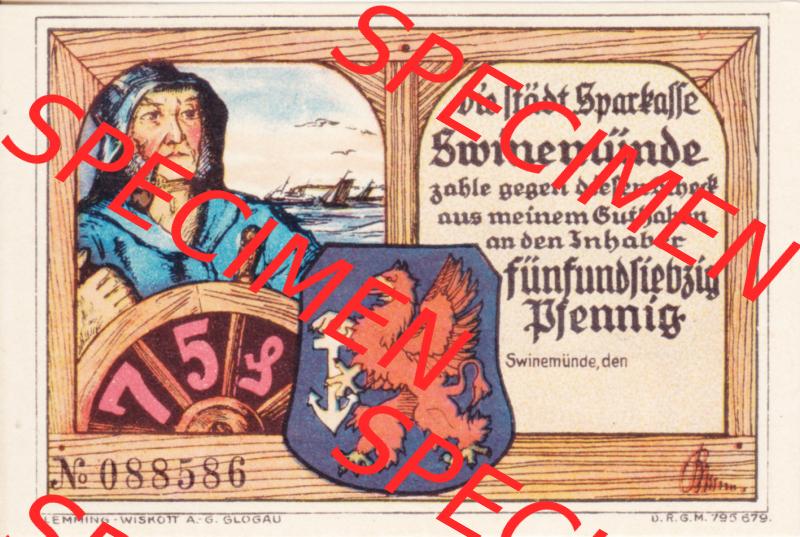 Notgeldscheine Swinemünde, Sparkasse in Pommern Notgeld Scheck 75 Pfennig (1) Sammlung