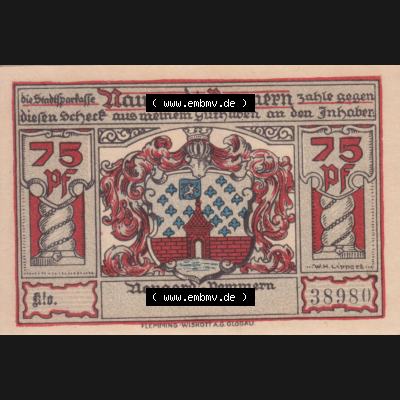 Notgeldscheine Naugard, Stadtsparkasse in Pommern Notgeld Naugard 75 Pfennig Das neue Rathaus (1) Sammlung
