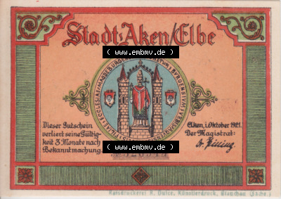 Notgeldscheine Aken, Stadt in Provinz Sachsen Notgeld 1921, 50 Pfennig Cöthener Tor (1) Sammlung