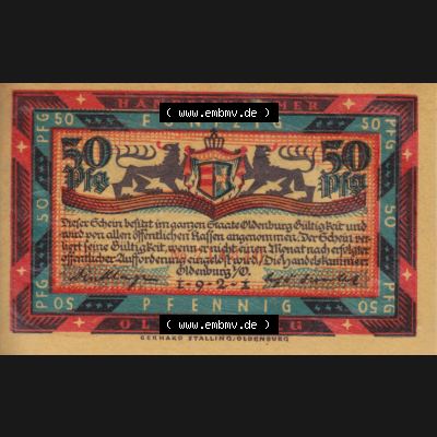 Notgeldscheine Handelskammer in Oldenburg 1921, 50 Pfennig Schleudert den fremden Kiel der Sturm (1) Sammlung