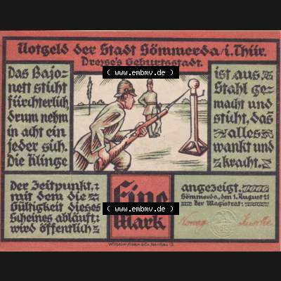 Notgeldscheine Sömmerda, Stadt in Provinz Sachsen Notgeld 1921, 1 Mark Das Bajonett sticht fürchterlich (1) Sammlung