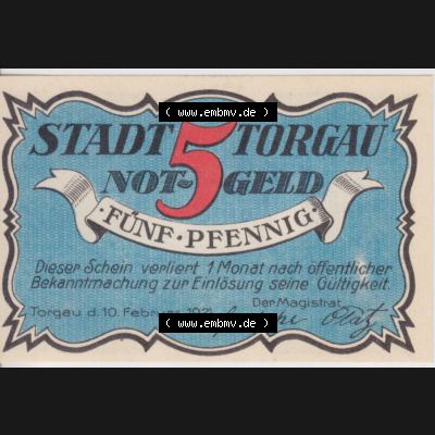 Notgeldscheine Torgau, Stadt in Provinz Sachsen Notgeld 1921, 5 Pfennig (1) Sammlung