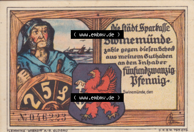 Notgeldscheine Swinemünde, Sparkasse in Pommern Notgeld Scheck 25 Pfennig (1) Sammlung